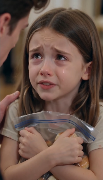 I found my five-year-old daughter kneeling beside a banquet trash cart, stuffing discarded rolls into a plastic bag.