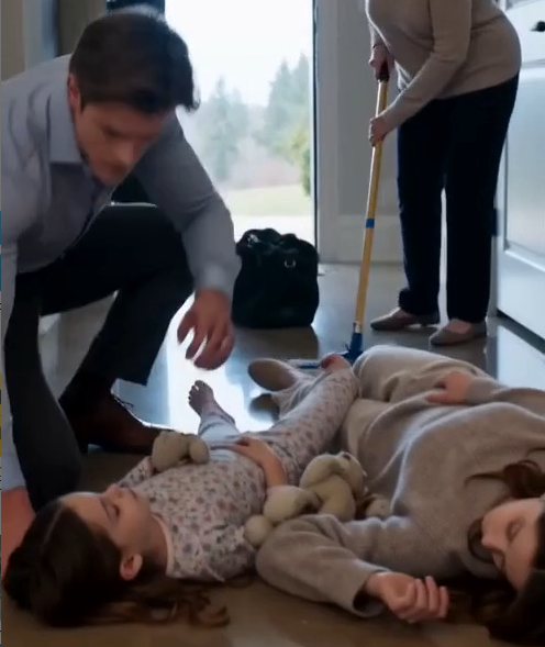 Clara and Lily were lying on the kitchen floor, barely conscious, while my mother calmly pushed dirty water around them.