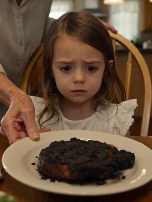 Helen placed a perfect steak in front of Ethan.  Then she dropped a blackened piece of meat onto Lily’s plate and laughed.