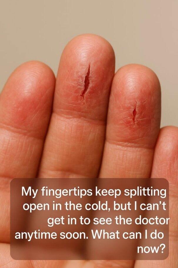 My fingertips keep splitting open in the cold, buts I can’t get in to see the doctor anytime soon. What can I do now?