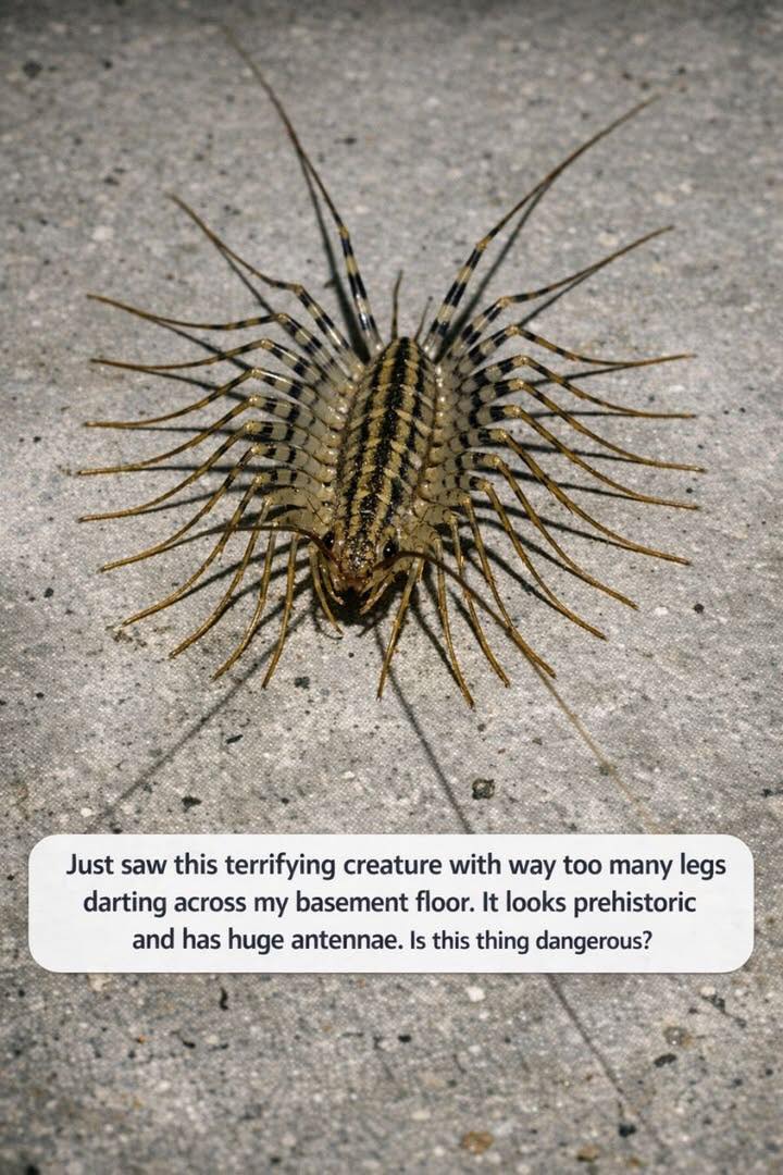 Just saw this terrifying creature with way too many legs darting across my basement floor. It looks prehistoric and has huge antennae. Is this thing dangerous?