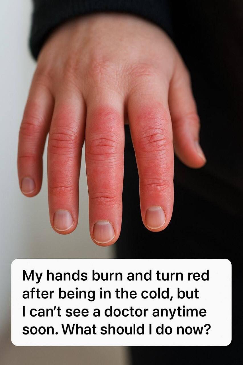 My hands burn and turn red after being in the cold, but I can’t see a doctor anytime soon. What should I do now?