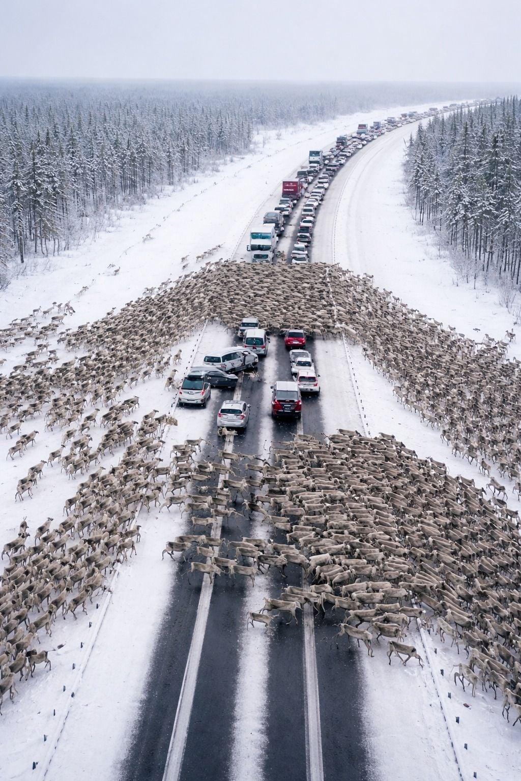On the highway, drivers became witnesses to a Christmas miracle: thousands of reindeer ran onto the road, instantly creating a massive traffic jam: But when it became clear where the reindeer were running and what they were fleeing from, people were left in complete shock 😲😱