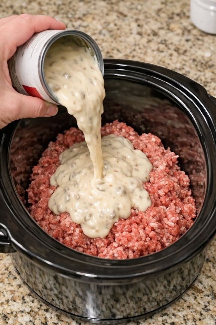 Pour cream of mushroom soup over raw ground beef, along with 4 ingredients, into slow cooker for a hearty casserole that’s the one everyone asks for