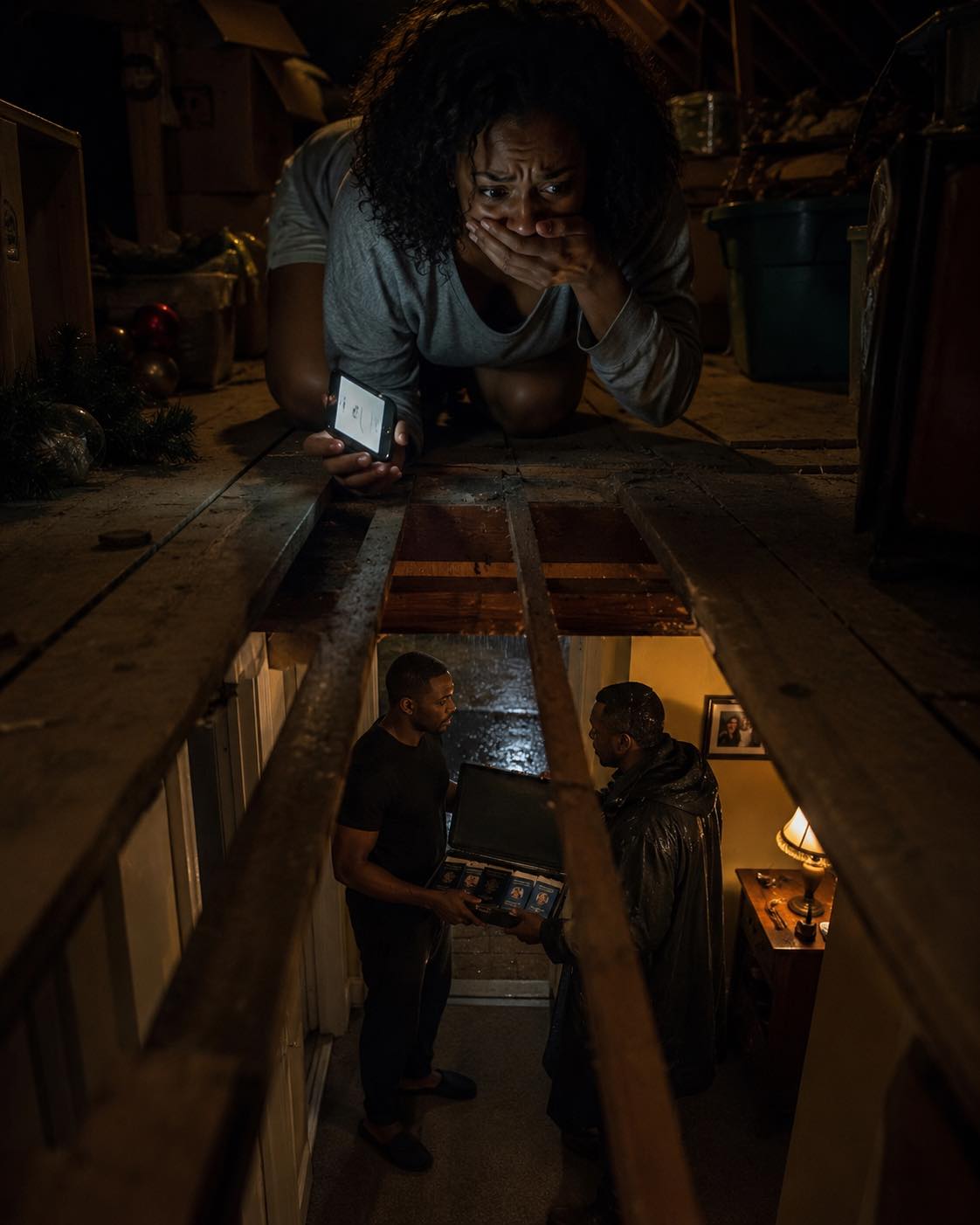My sister called me at midnight and whispered, “Turn off every light. Go to the attic. Don’t tell your husband.” I thought she was losing her mind — until I looked through the floorboards….