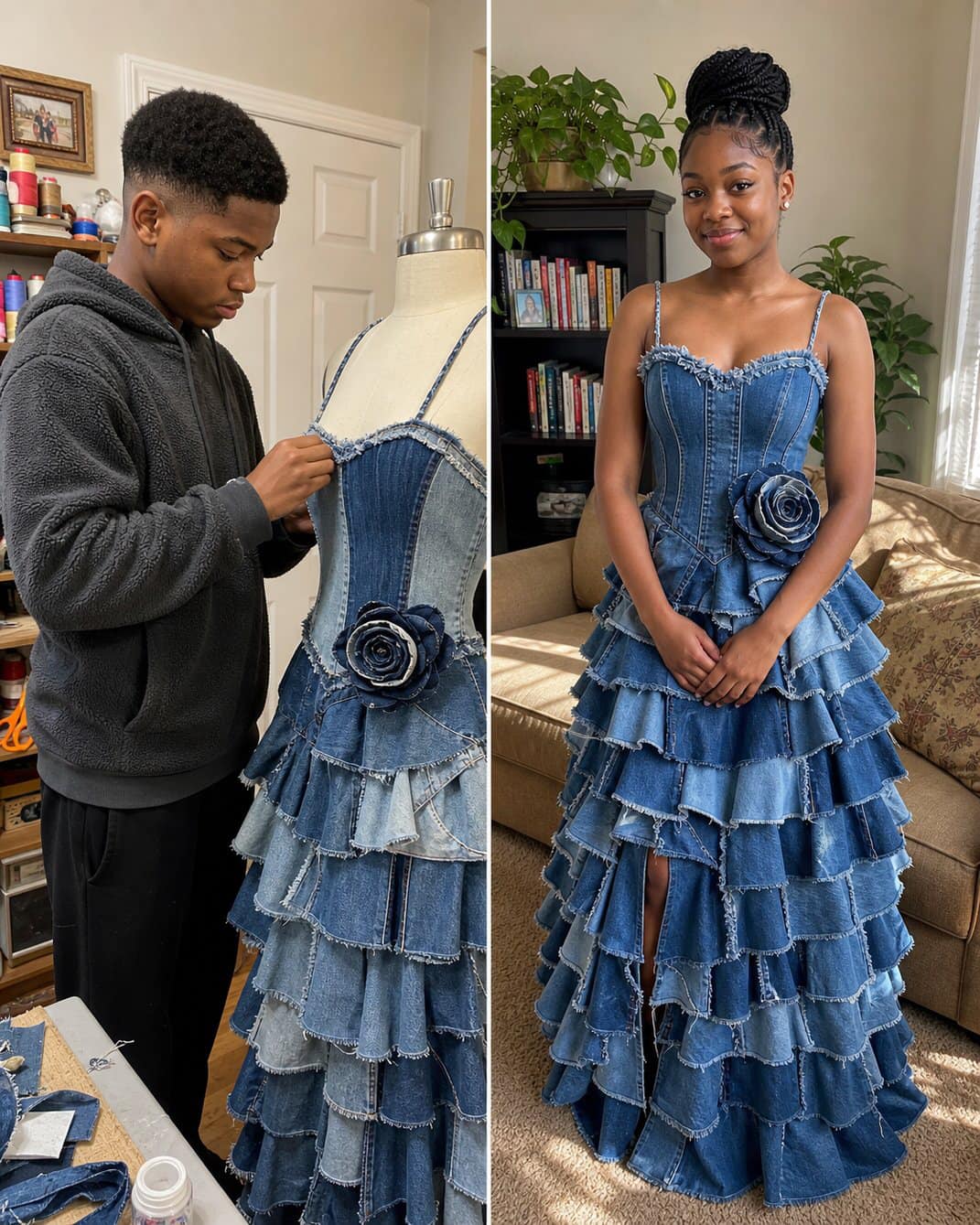 My Stepmom Refused to Give Me Money for a Prom Dress – My Brother Sewed One from Our Late Mom's Jeans Collection, and What Happened Next Made Her Jaw Drop