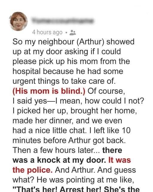 My Neighbor Asked Me to Pick Up His Blind Mother from the Hospital — That Same Evening, He Showed Up with the Police