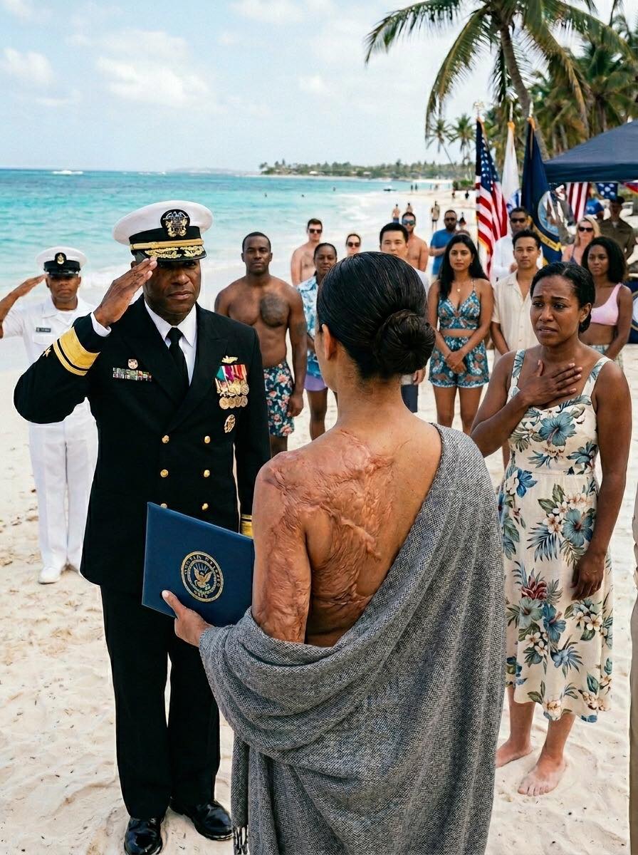 My sister ripped my shirt open on a luxury beach in front of Navy officers and laughed at the scars covering my back. My father stood there in silence while everyone stared at me like I was broken.