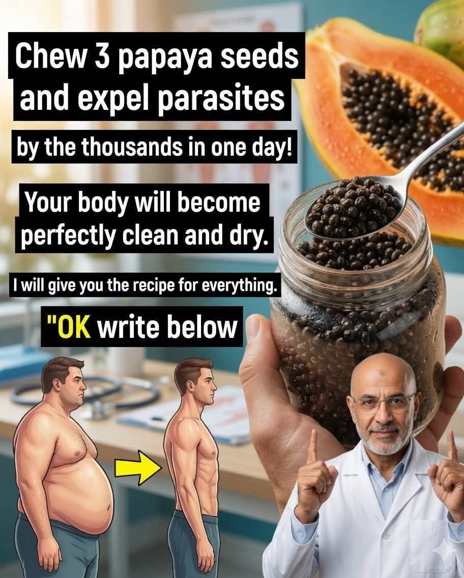 Chew three papaya seeds and thousands of parasites will come out in one day. You’ll be dry.