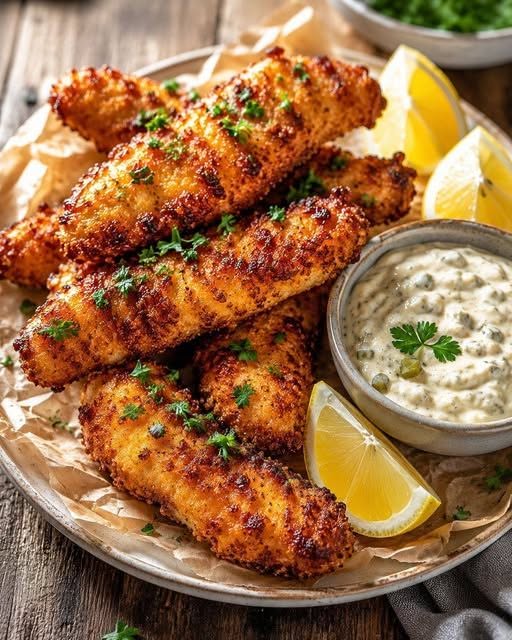 🍽️ Crunchy Cod Strips with Homemade Tartar Sauce 🐟🍋