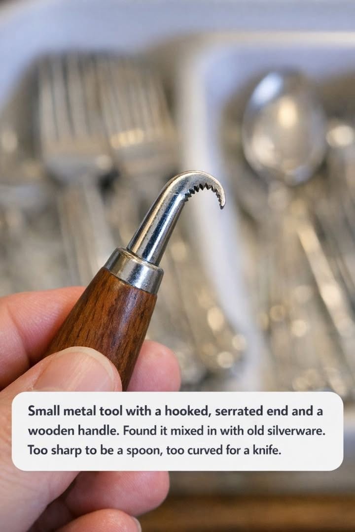 Small metal tool with a hooked, serrated end and a wooden handle. Found it mixed in with old silverware. Too sharp to be a spoon, too curved for a knife.