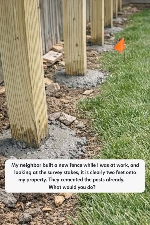 My neighbor built a new fence while I was at work, and looking at the survey stakes, it is clearly two feet onto my property. They cemented the posts already. What would you do?