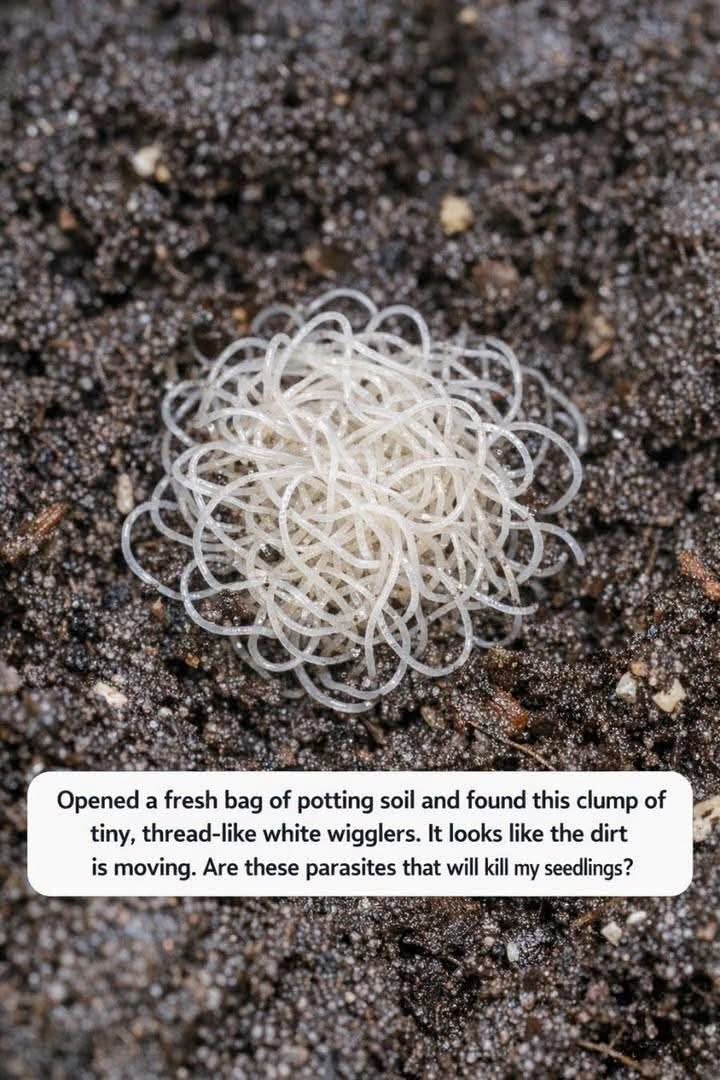 Opened a fresh bag of potting soil and found this clump of tiny, thread-like white wigglers. It looks like the dirt is moving. Are these parasites that will kill my seedlings?