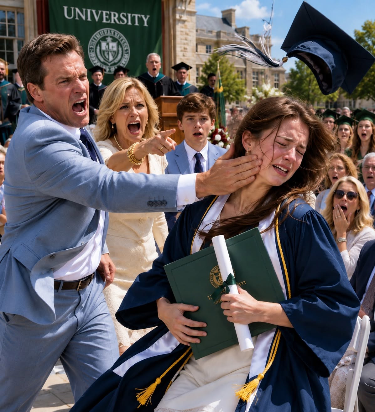 "At my college graduation, my father sl@pped me so hard my cap flew across the stage. My mother sneered, “You're nothing but a failure in a gown!” Everyone thought I'd break down in tears." - Full Story
