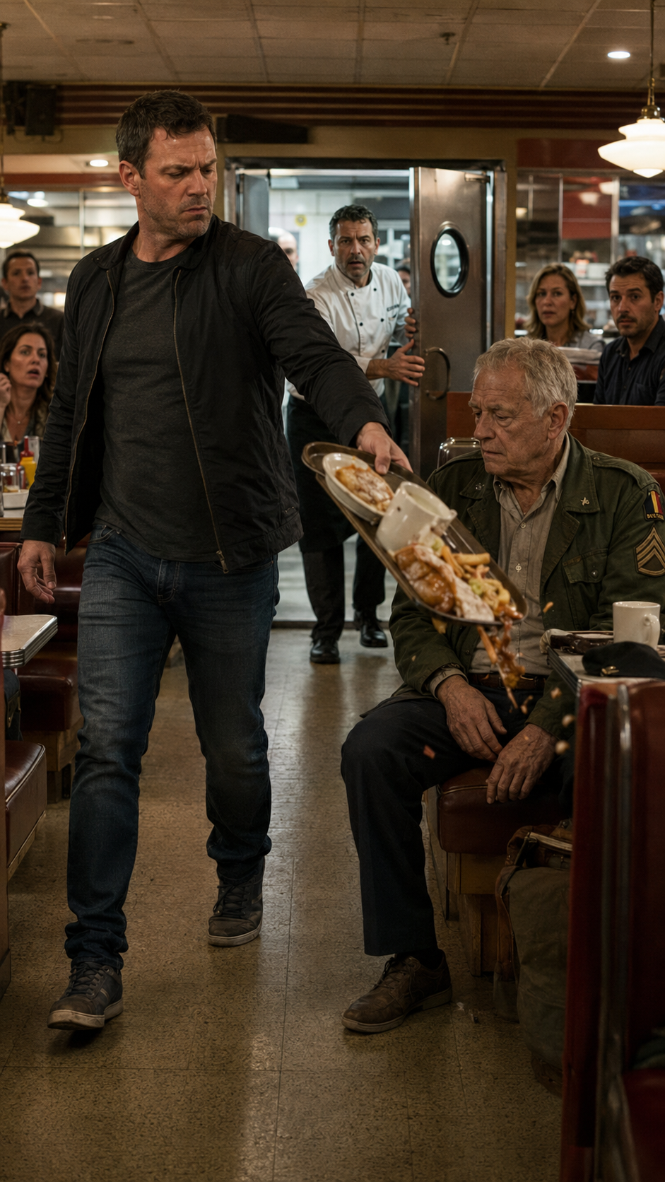 "He dumped his tray on the veteran and kept walking. The chef came out of the kitchen."