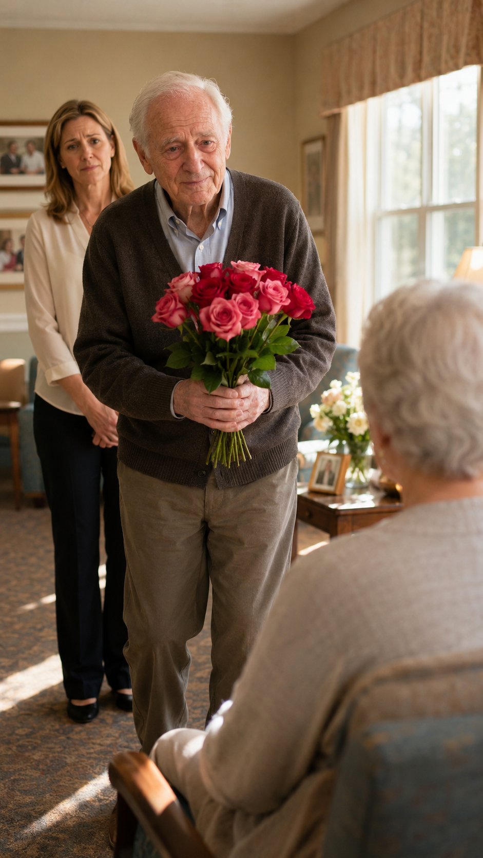 “She no longer recognized his face. He still brought her roses every morning.”