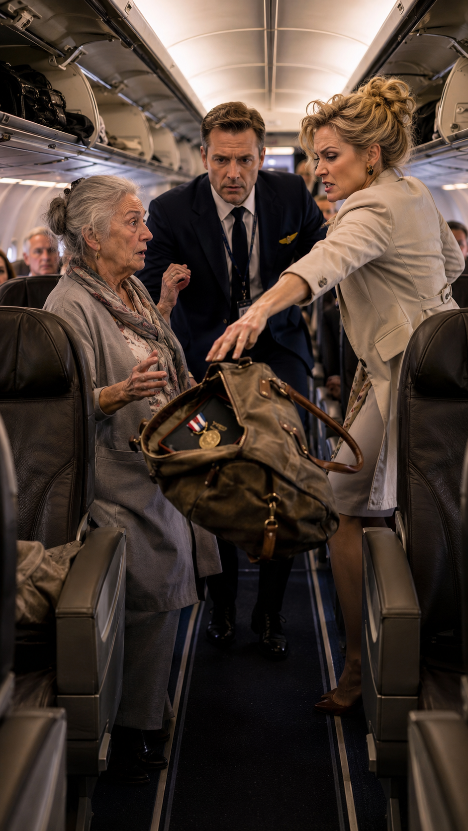 "She threw the old woman's bag out of the overhead bin — and what fell out stopped the entire plane."