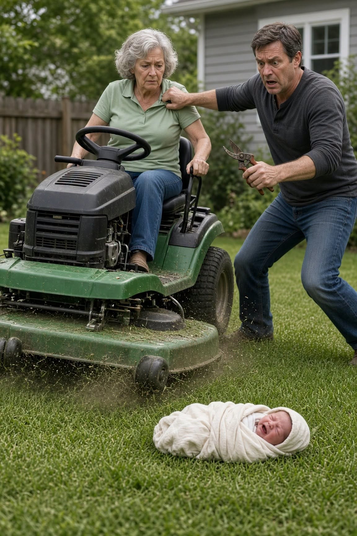 SHARK-EYED STEP-MOTHER DRIVES RIDING MOWER TOWARD MY NEWBORN—UNTIL POLICE CHECK ONE HIDDEN DETAIL!