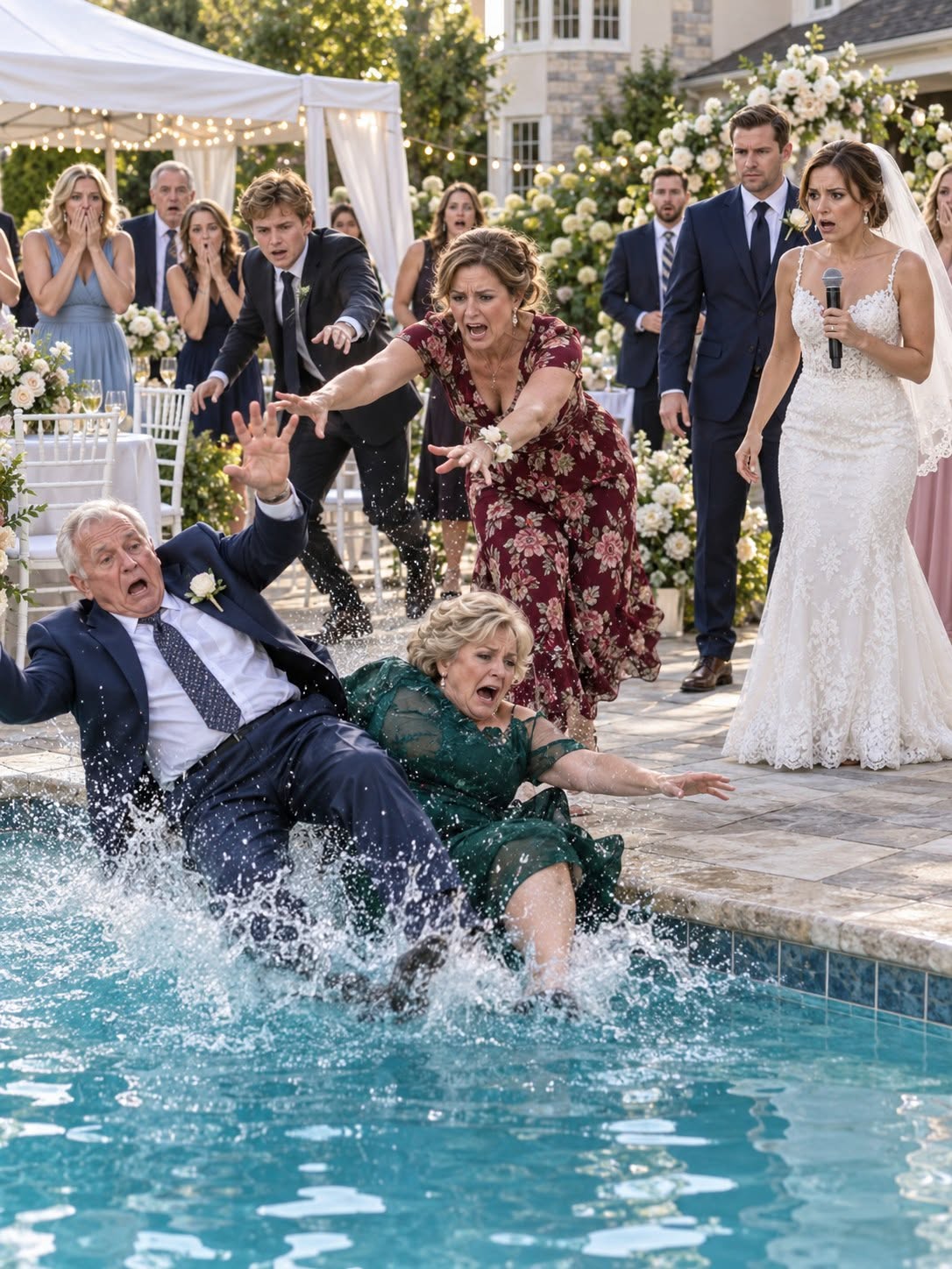 GROOM TELLS BRIDE "DON'T MAKE A SCENE" AFTER MOTHER PUSHES HER PARENTS INTO THE POOL—THEN FIVE BLACK SEDANS ARRIVE AT THE GATES