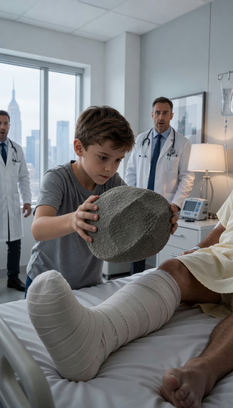 Structure the video in 5 shots, around 2 seconds each.  [0s – 2s] Wide shot: Bright hospital room. The boy stands beside the bed holding the heavy rock above shoulder level while doctors in the background suddenly notice.  Character dialogue: Doctor (urgent, controlled): “Wait— don’t do that.”  [2s – 4s] Medium shot: The boy hesitates briefly, then drops the rock downward onto the cast. Medical staff react with delayed shock instead of exaggerated movement.  Sound: Heavy impact against plaster.  [4s – 6s] Close-up: Cracks slowly spread across the white cast. The elderly patient’s eyes widen and breathing becomes heavier.  Character dialogue: Patient (strained): “What are you doing…?”  [6s – 8s] Medium close-up: The boy lowers his hands and stares at the damaged cast. The doctor steps forward cautiously while the nurse freezes in disbelief.  Character dialogue: Boy quietly: “I thought it would help…”  [8s – 10s] Slow push-in close-up: Focus on the patient and broken cast fragments on the bed. The room becomes silent with visible tension and restrained emotional reactions.  Character dialogue: Doctor softly: “Someone take the rock.”  Slug:  Hospital Room – Child Drops Rock on Patient’s Cast – Realistic Cinematic Tension – 10s