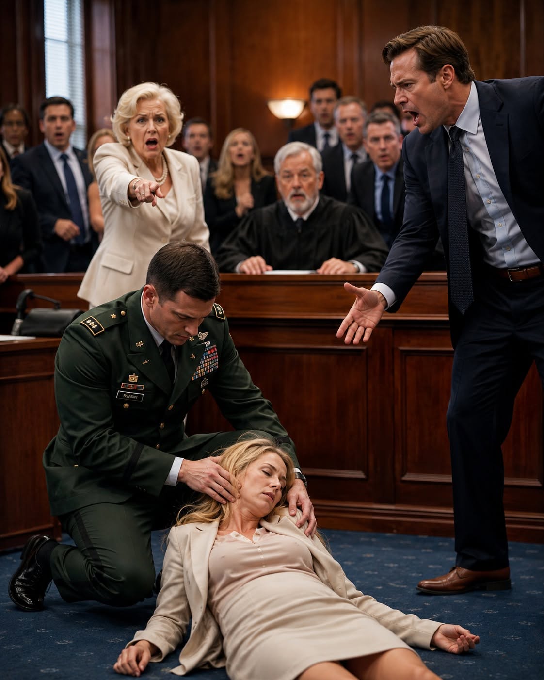 My mother-in-law pointed at me in court and said, “She’s faking it.” My husband smirked, telling the judge I did this every time. Everyone seemed ready to believe them, until my legs suddenly gave out and a military doctor rushed forward, shouting for someone to call 911.