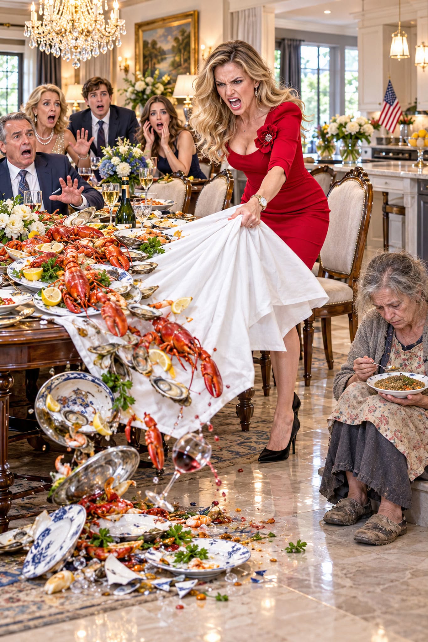 "Get back on the floor! That chair is for family, not for someone who can't even eat without making a mess!""