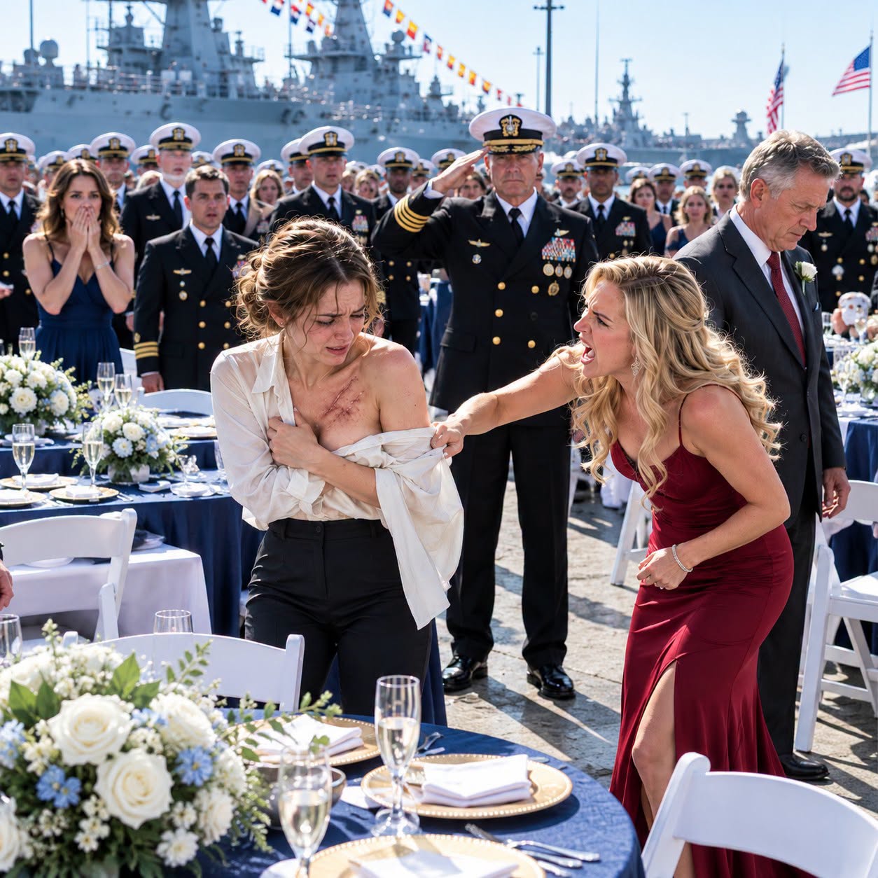 “She washed out of the Navy!” my sister sneered after exposing my burn scars at a military fundraiser, but the moment a four-star admiral draped her jacket over my shoulders and saluted me, my father realized he’d made a terrible mistake…