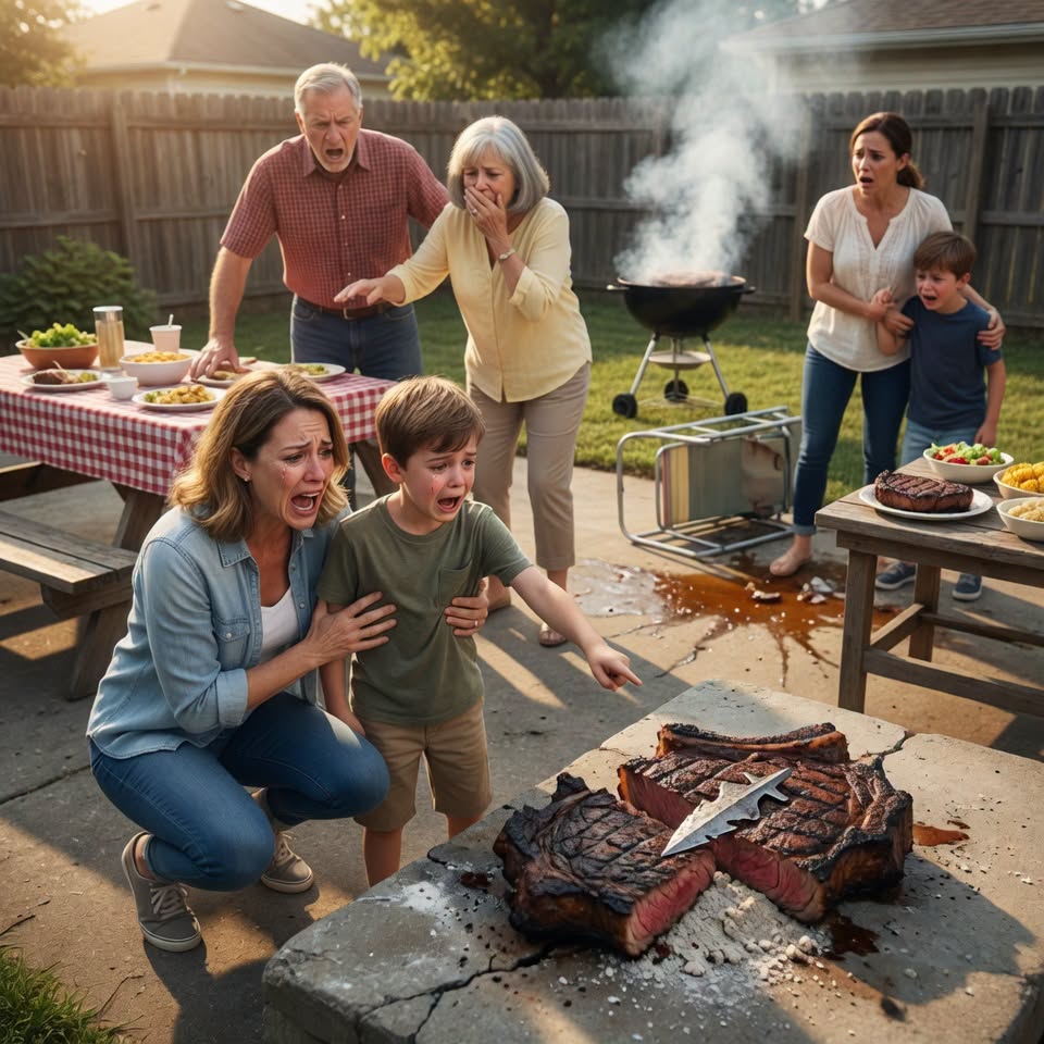 My parents thought giving my child the worst steak at the barbecue was just a cruel joke. Then he noticed something hidden under the burnt crust, and nobody laughed again.