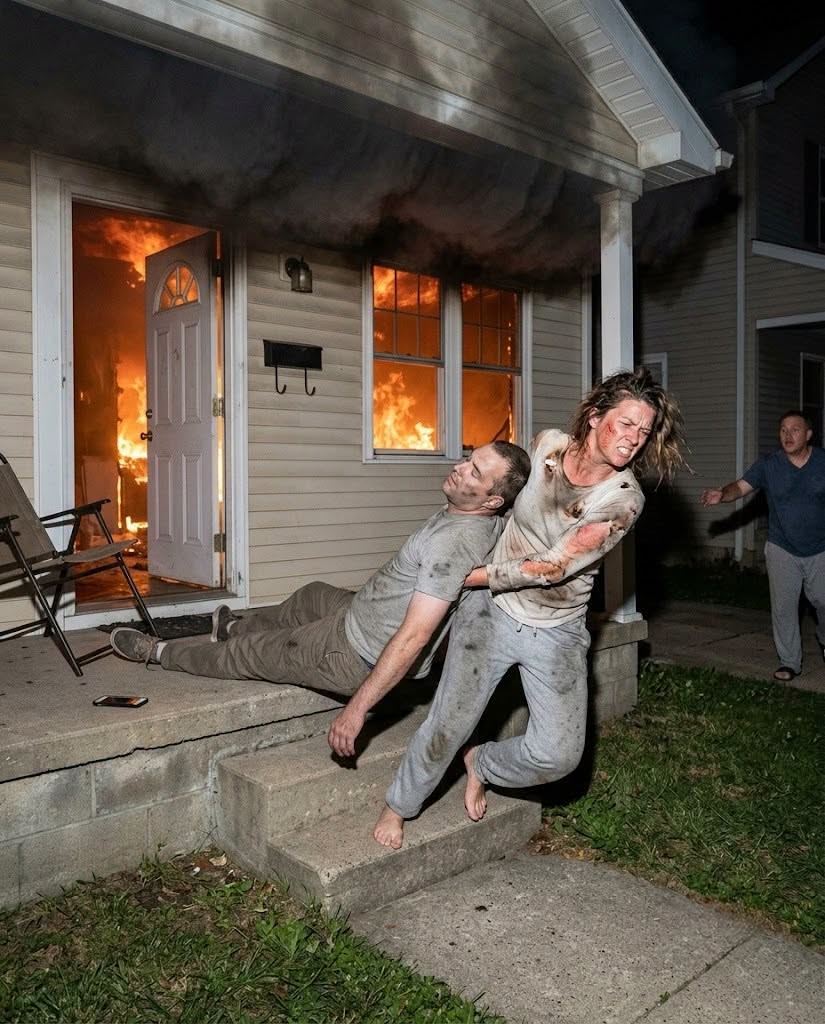I came out of the fire with half my face and one arm burned after dragging my unconscious husband out to the street