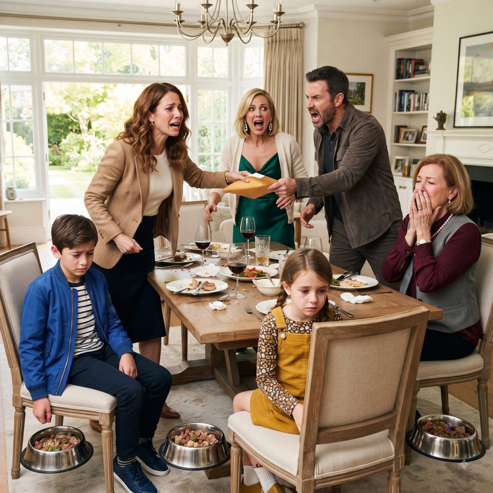 At our family dinner, my sister put two dog bowls in front of my children and said, “Poor people eat like this. Go ahead.” Everyone laughed while my kids stared at me in shock. I stayed completely silent, reached into my bag, and slid one envelope across the table. The second she opened it, her smile vanished.