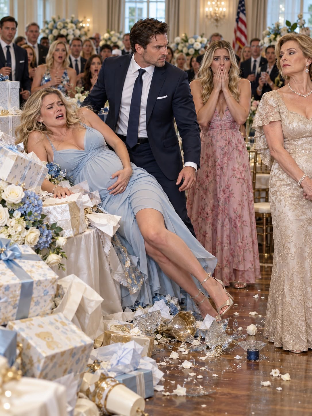 “My mother shoved me backward in front of eighty guests,” I screamed as my eight-month pregnant body crashed into the gift table, glass shattered around me, and blood stained my dress while she called it “just a little push.” My sister froze, the room went silent, and my husband looked at my mother with one final warning: you just made your last mistake....