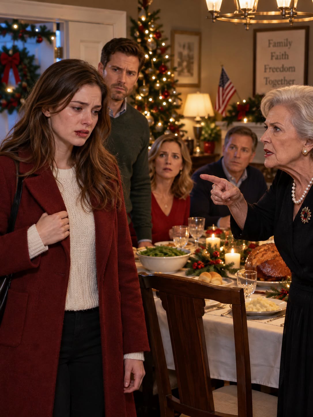 I walked into Christmas dinner with a split lip. My mother-in-law looked at my face, turned to her son, and said, “That’s what happens when a wife won’t listen. Good job, son.” I sat down without defending myself. Twenty minutes later, the doorbell rang—and when she saw who was standing outside, the smile disappeared from her face.