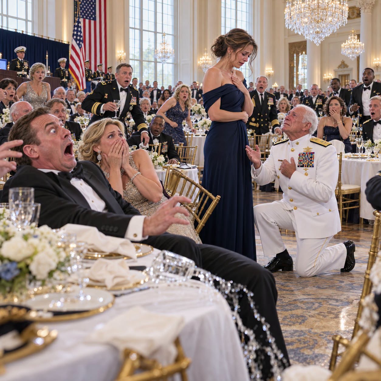 Gala Dinner. My Dress Slipped. "She's Half A Woman At Best." The Table Burst Into Laughter. The Decorated Four-Star Admiral Dropped His Glass And Walked Straight Toward Me. The Room Went Dead Silent. "Babe, Sit Down. He's Coming To Reprimand Her!" The 78-Year-Old War Hero Dropped To One Knee.