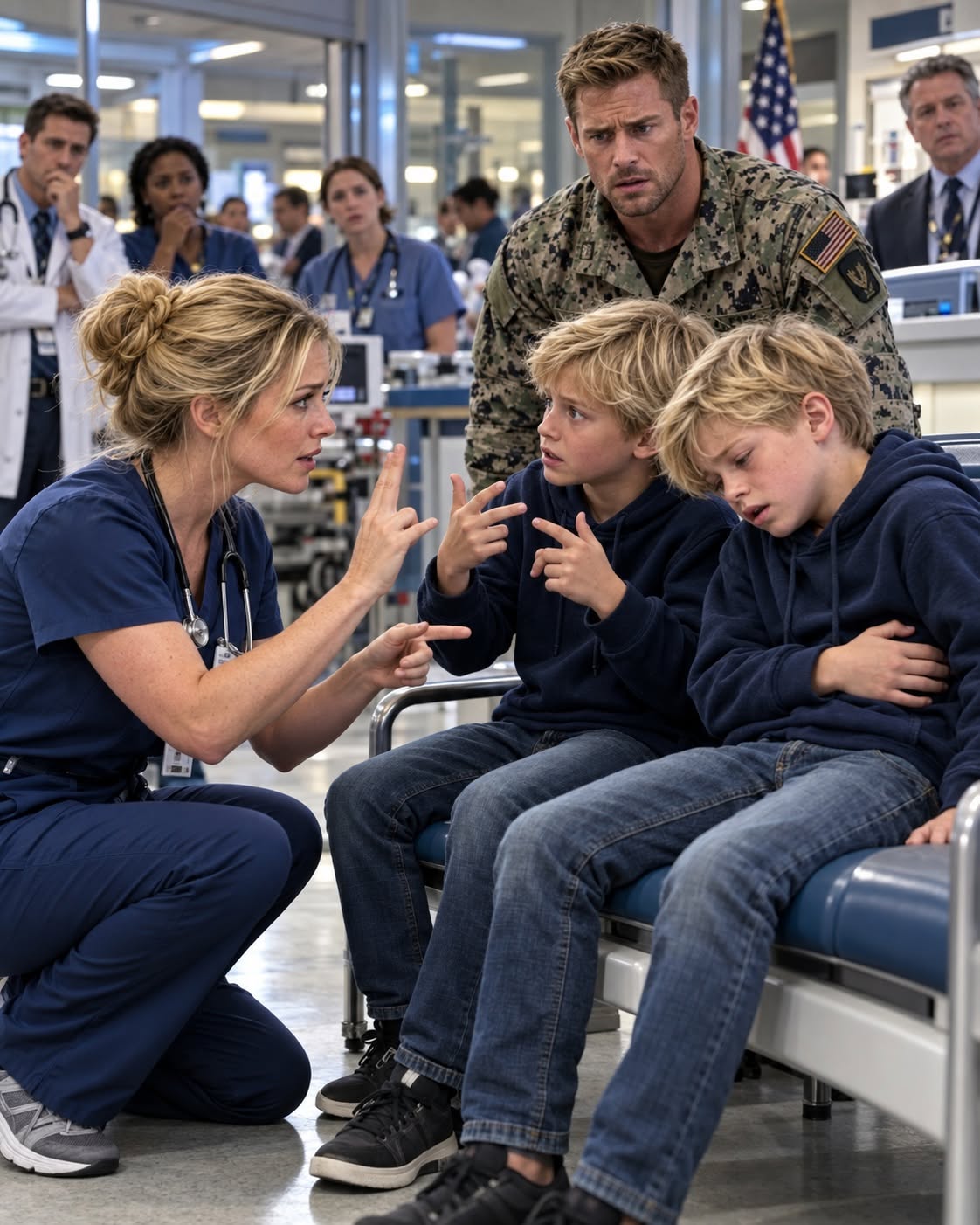 "The Doctors Dismissed a Navy SEAL Captain’s Deaf Twins for Nearly Three Hours—Until a Quiet Nurse Signed Just Four Words to the Dying Boy, Then Recognized His Symptoms and Defied the Hospital Chief’s Orders; What Nobody Knew Was That Jo Merrick Had Spent Nine Years Hiding a Military Past That Could Change Everything.