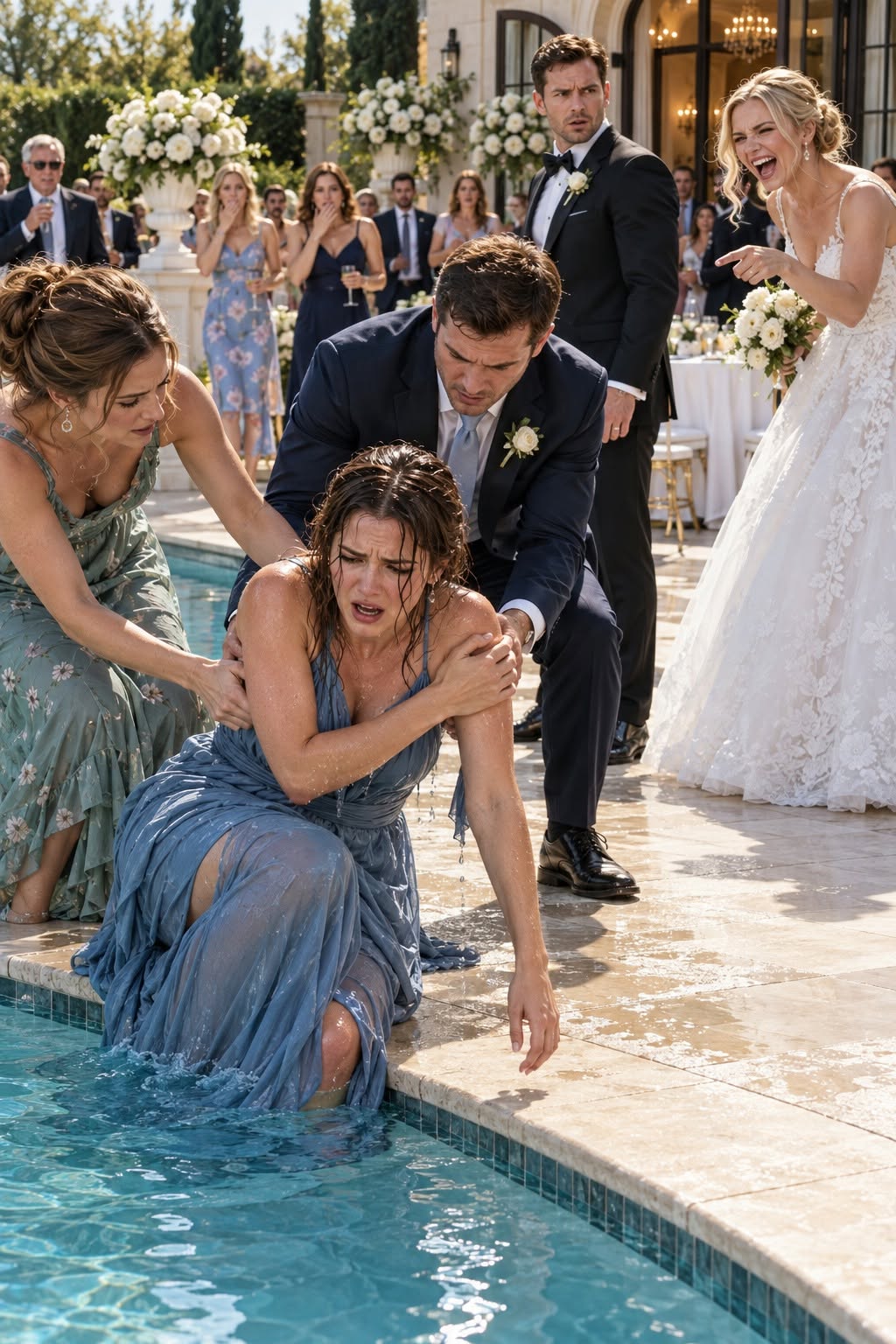 My sister shoved me into her own wedding pool knowing my injured shoulder could barely move, then laughed as guests pulled me out—but when her fiancé overheard the one thing she whispered to her maid of honor, his face changed instantly and he turned toward my sister like he was seeing her for the first time…”