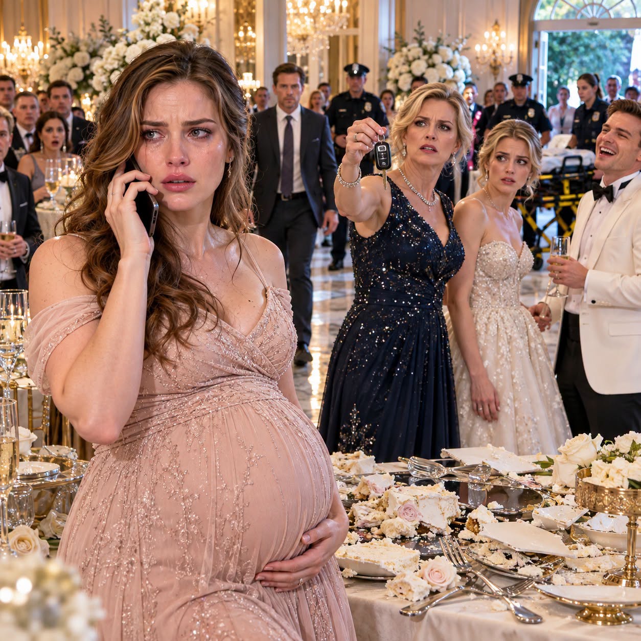 AT MY SISTER'S ENGAGEMENT PARTY, I WAS EIGHT MONTHS PREGNANT. MY MOTHER HELD UP MY BMW KEYS AND ANNOUNCED: “OUR GIFT TO THE REAL BRIDE.” MY SISTER'S FIANCÉ LAUGHED: “YOU CAN UBER TO YOUR CHECKUPS.” WHEN MY MOTHER SHOVED ME, I HIT THE TABLE AND FELT A SHARP PAIN. I CALLED MY HUSBAND. WHAT HE DID NEXT BROKE THEM COMPLETELY.**