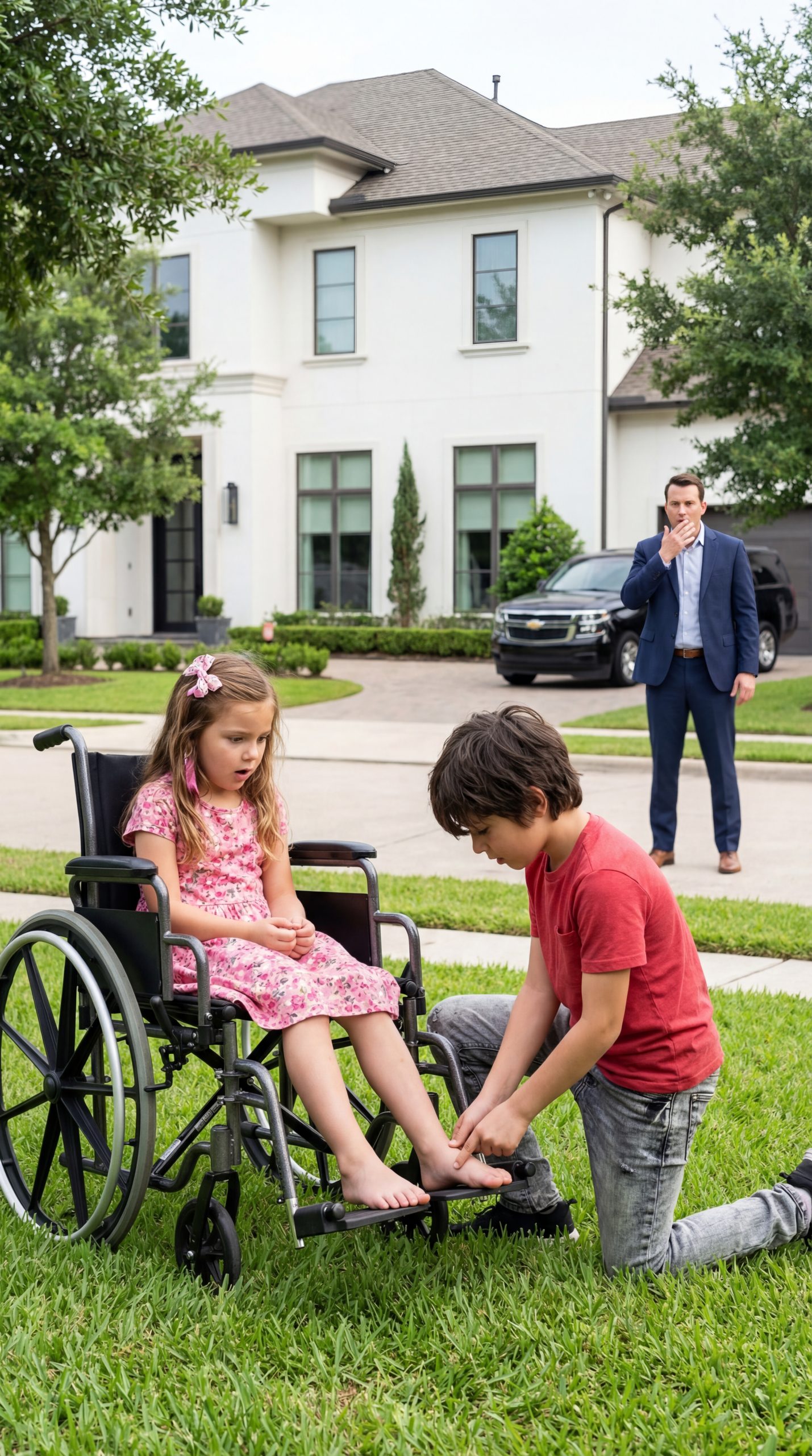 A Protective Father Rushed to Stop a Poor Boy Touching His Daughter’s Legs Outside Their Mansion — Until He Froze Watching the First Tiny Movement No Doctor Had Ever Been Able to Bring Back, Unaware That the Boy Would Soon Reveal the Family He Never Knew He Had