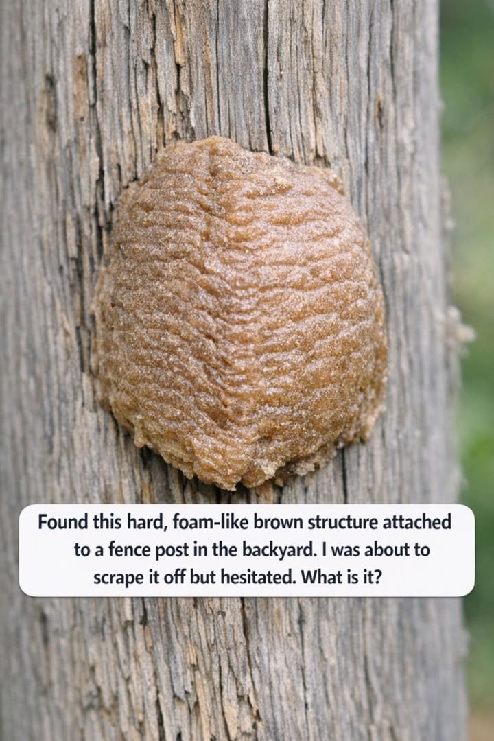 Found this hard, foam-like brown structure attached to a fence post in the backyard. I was about to scrape it off but hesitated.