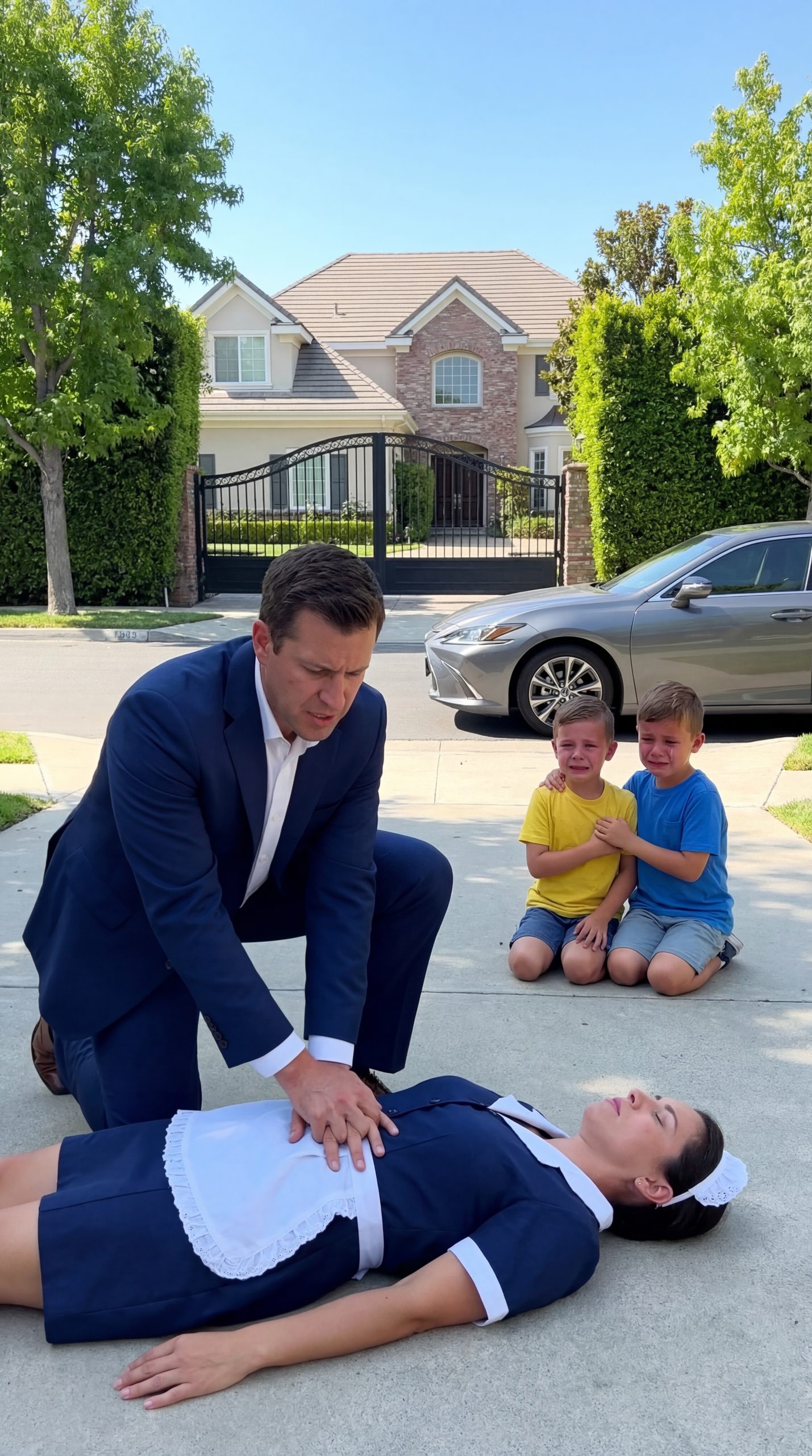 A Widowed Millionaire Rushed His Young Housekeeper to the Hospital After Finding Her Collapsed at the Mansion Gate — Until His Twin Sons Tearfully Revealed the Secret She Had Been Hiding While Raising Them in His Absence