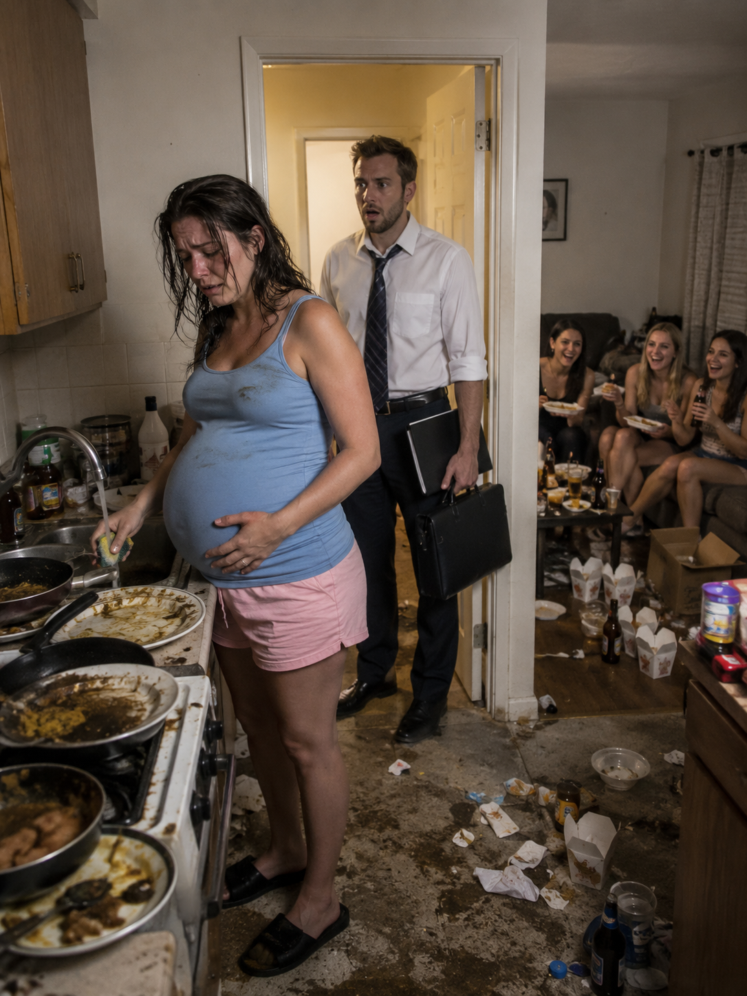 He came home at 10 P.M. and found his 8-MONTH PREGNANT WIFE WASHING DISHES ALONE while his family laughed in the living room … but after discovering they had THROWN AWAY HER MEDICATION, he looked at them and said, “Your comfortable life ends tonight” ...