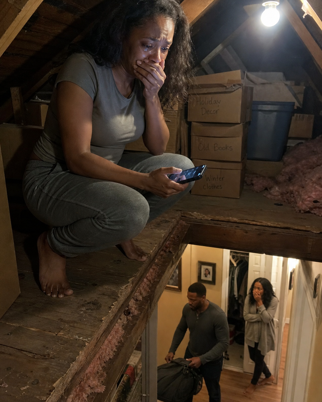 My sister called me at midnight and whispered, “Turn off every light. Go to the attic. Don’t tell your husband.” I thought she was losing her mind — until I looked through the floorboards….