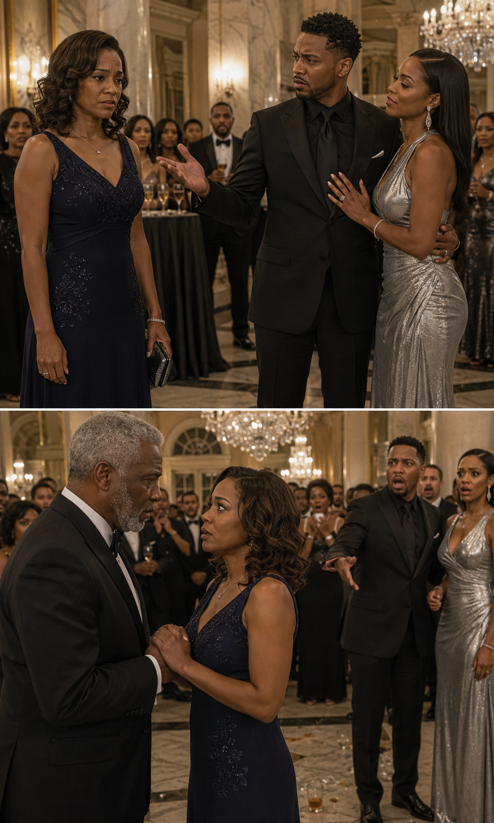 My husband dragged me to the party to impress the new boss. “Stand back, your dress is embarrassing,” he hissed. When the billionaire arrived, he ignored my husband’s handshake. He went straight to me, took my hand, and whispered with teary eyes, “I’ve been searching for you for 30 years… I still love you.”