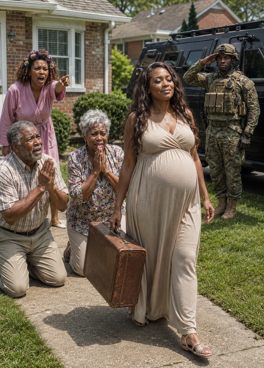 Hours after my husband’s funeral, Mom pointed at my 8-month pregnant belly. “Your sister’s rich husband is moving in. Go sleep in the 10-degree garage,” she spat. My Dad sneered: “Your crying ruins our vibe.” I smiled coldly and whispered, “Okay.” They thought I was a helpless widow. But the next morning—when armored military SUVs and Special Forces squad arrived to escort me away—my family went completely pale…