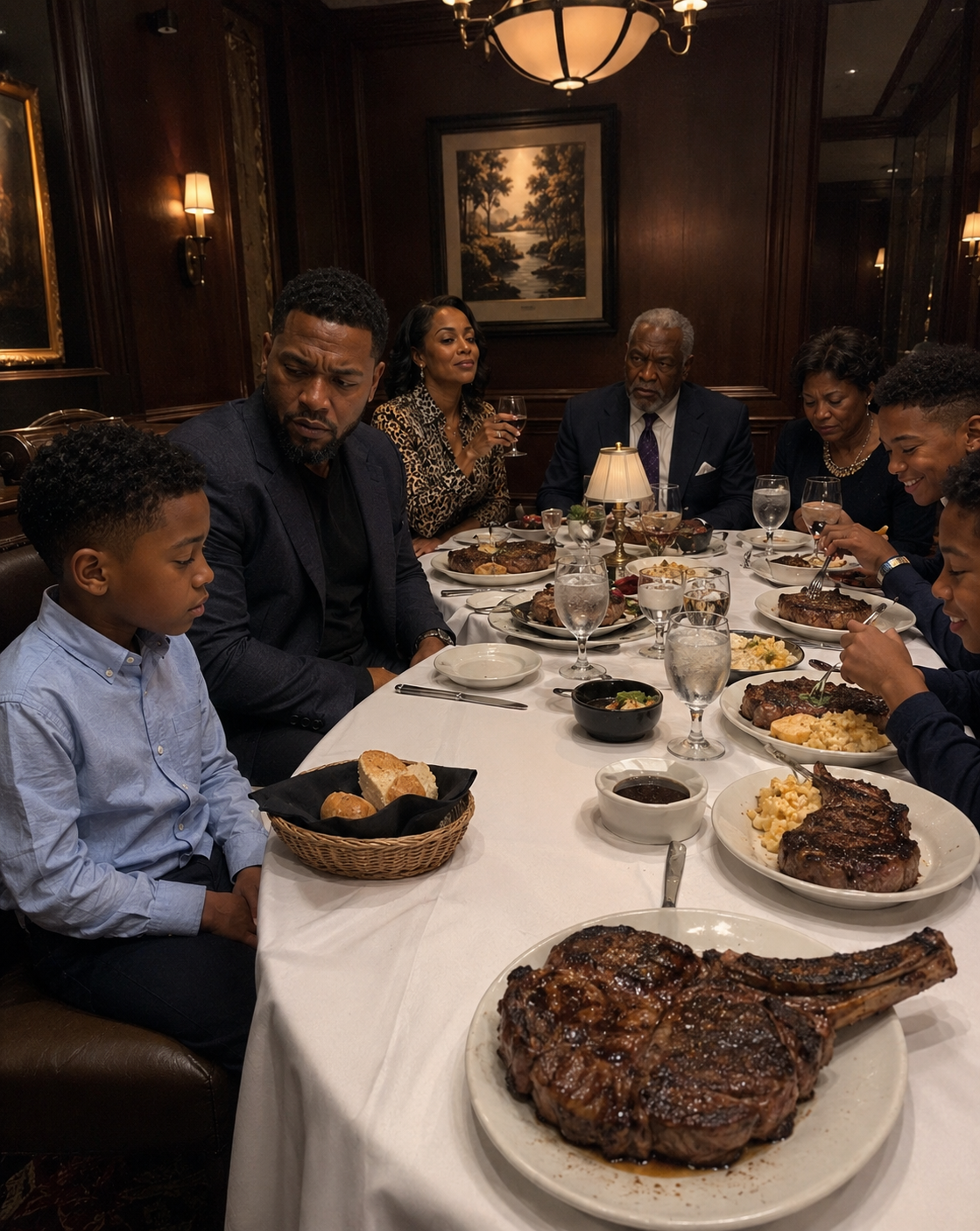 “We didn’t order for your son.” My sister said, handing him a bread basket while her kids ate $100 steaks and dessert. My dad added, “You should have packed him something.” I just smiled and said, “Noted.” When the waiter came back, I stood up and announced, “I’ve spent most of my adult life cleaning up after my sister’s messes.