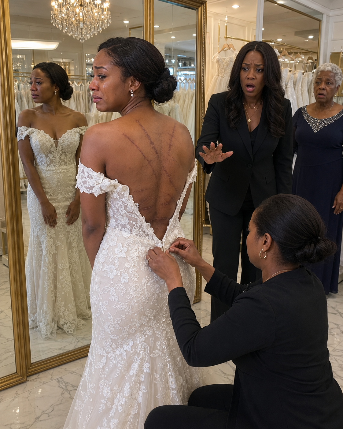 At the bridal boutique, my little sister stepped out to show me her wedding dress. But when the seamstress unzipped the back, I stopped breathing.