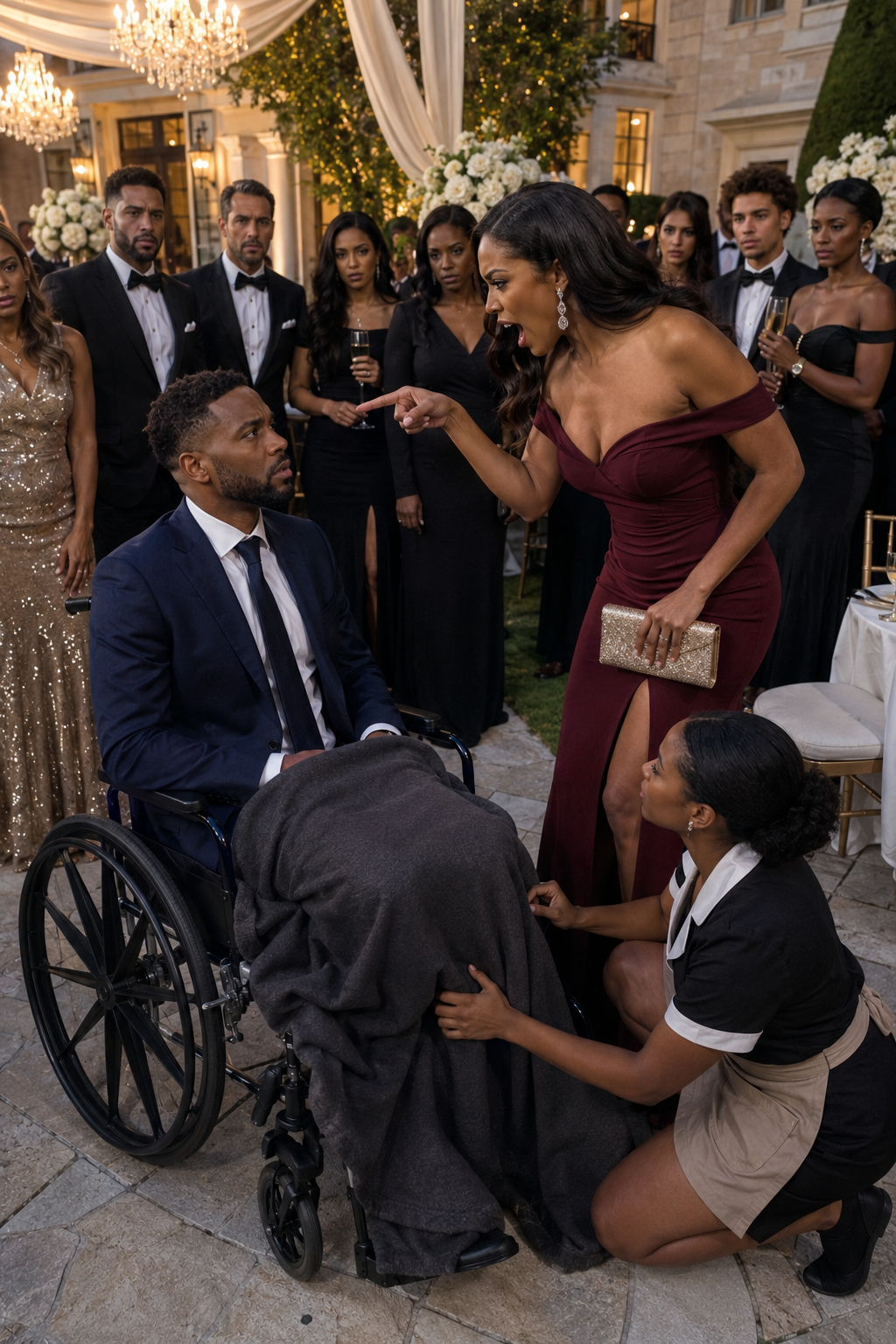 I pretended the acci:dent had broken my bones, so I sat silently in my wheelchair and watched my fiancée laugh mockingly in front of everyone. “Look at you,” she sneered, leaning closer. “Now you’re nothing—just a useless cripple.” No one defended me. Only the maid knelt beside me,