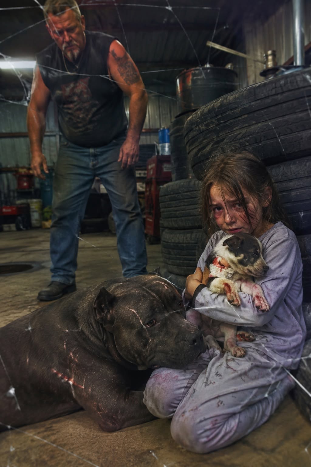 A terrified 7-year-old hid inside a biker garage with her bleeding puppy—but when her “respectable” stepfather came to take her home, the gang’s scarred pitbull did something that exposed everything. Thirty bikers believed Mia’s stepfather looked like a worried parent—until their battle-scarred pitbull saw him and instantly revealed the truth no one expected. She ran through a thunderstorm carrying her injured puppy and begged a biker gang not to send her home—but one look at the bruises on her arms changed the entire night. The wealthy executive calmly claimed his 7-year-old stepdaughter was a liar—then a 100-pound pitbull recognized exactly what Mia was terrified of. When a bruised little girl whispered, “Please don’t let him take my puppy,” thirty hardened bikers went silent—but the biggest shock came when her stepfather arrived. Goliath had survived years of violence without showing fear, but the moment Mia’s polished stepfather walked into the garage, the scarred pitbull reacted in a way nobody could ignore. A bleeding puppy led a biker gang to a terrified 7-year-old hiding behind old tires—but the man who came looking for her made one tiny mistake that destroyed his perfect reputation. Everyone saw a concerned father standing outside the biker garage—everyone except the scarred pitbull who immediately knew why the little girl was shaking. Mia thought nobody would believe what happened behind the doors of her perfect suburban home—until thirty bikers, one injured puppy, and a silent pitbull became her witnesses. Her stepfather smiled politely and said Mia “made up stories,” but seconds later the biker gang discovered why she had run barefoot into the storm. The 7-year-old was asleep against a massive pitbull when her stepfather arrived to take her back—what happened when she opened her eyes sent the entire garage into action. He had the expensive car, respectable job, and perfect explanation—but one terrified glance from Mia was enough for Goliath to expose the monster behind the smile. A biker opened his storage shed expecting an animal and found a bruised child protecting a bleeding puppy—but the real horror arrived ten minutes later in a luxury sedan. The scarred pitbull gently protected Mia all night, but when the man she feared finally appeared, Goliath made one decision that would help send him to prison.