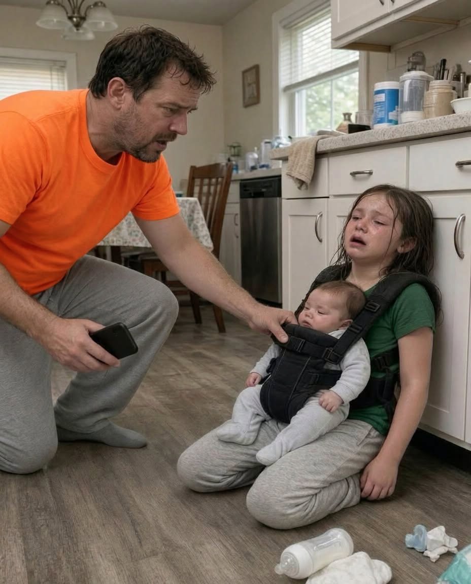 My 9-year-old whispered, “Dad, I can’t hold the baby anymore”—but when I found my 8-month-old strapped to her trembling body, the secret phone hidden upstairs revealed my wife hadn’t abandoned them at all.