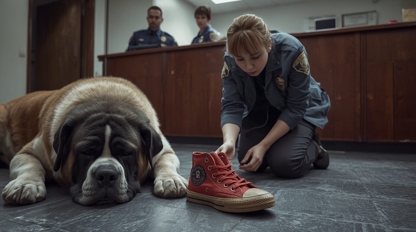 A starving Saint Bernard brought the same child’s red sneaker to our police station for 21 days—and when a detective finally checked inside, she dropped to her knees.