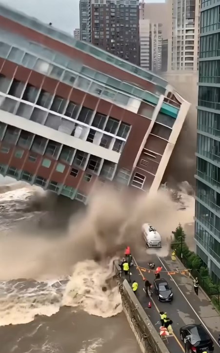 Flooding causes complete collapse of riverside buildings!